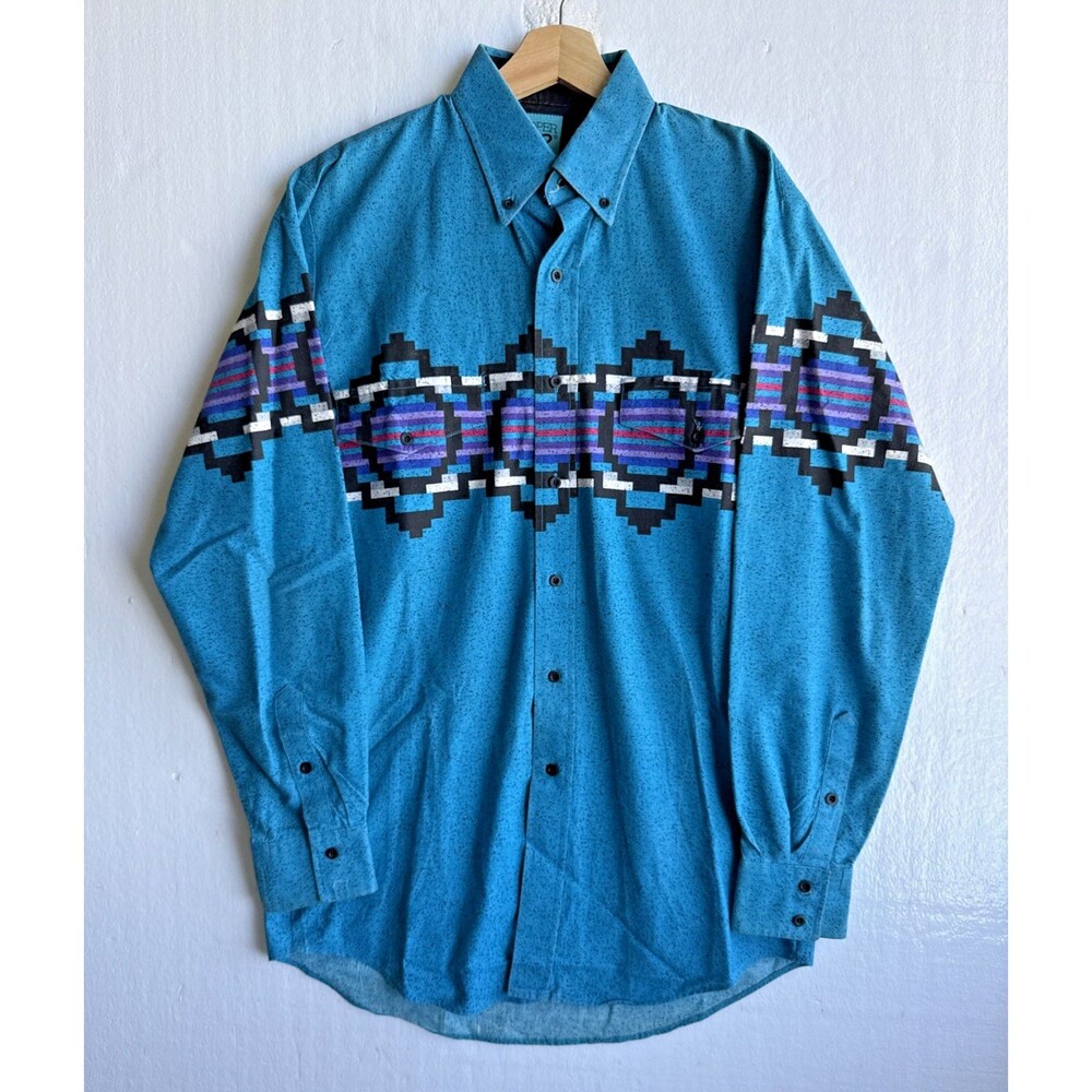 VTG Roper Aztec Blue Rodeo Western Brushpopper Button Down Shirt Men’s Medium